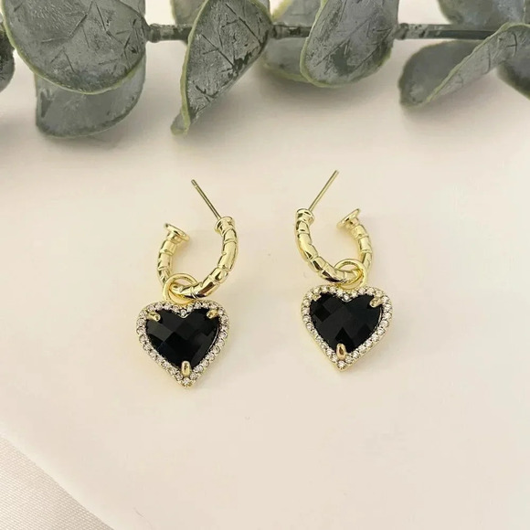 925 Sterling Silver Gold Dangle Heart Earrings Black CZ Hoop Earrings - Picture 1 of 3